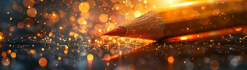 Enchanted Pencils, illusionists costume, ethereal tools, materializing ideas, bright moonlight, photography, golden hour, lens flare - obrazy, fototapety, plakaty