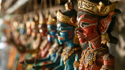 Striking photo of a line-up of Indonesian Wayang Golek puppets with dramatic facial expressions