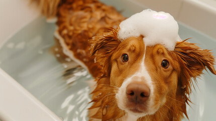 Dog is bathed with shampoo