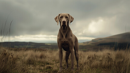 weimaraner hunting dog in the field - obrazy, fototapety, plakaty