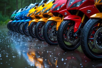 A group of sport bikes parked in a row, their vibrant colors reflecting in a puddle after a light...