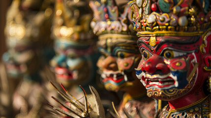 This image focuses on Balinese masks amongst offerings, reflecting the spiritual and cultural practices - obrazy, fototapety, plakaty