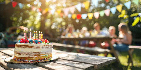 Birthday cake on a wooden table in sunny garden. Summer birthday party on backyard with garland and cake.