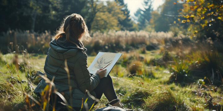 Artist sketching a landscape outdoors. Scenic nature view, expressing yourself in art.