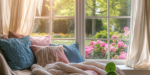 Cozy reading nook with blue and pink pillows, a blanket, a white framed window looking out to a beautiful garden in springtime, with natural light streaming through the windows. - obrazy, fototapety, plakaty