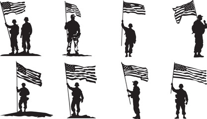 Black and white silhouette of Veteran hold American flag, depicting patriotism, unity, and national pride in a simple yet powerful manner