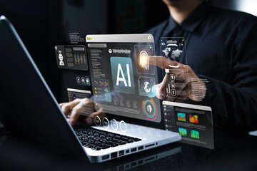 Men who use websites or AI software technology to help and support tasks for chatbots, AI chat, visualization, coding, and data analysis using technology. Intelligent robot AI.