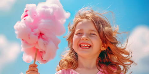 Cute little girl eating pink cotton candy on hot and sunny summer day. Sweet desserts for little kids.