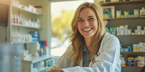 Young smiling female pharmacist by a counter in a pharmacy. Pharmacy technician on a background of drugstore. Selling prescription medicine. - obrazy, fototapety, plakaty