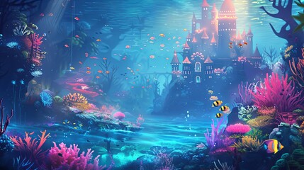 A mystical underwater scene featuring a luminous castle amid a vibrant coral reef teeming with marine life.
