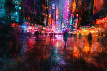 Abstract cityscape, neon lights, blending modern and traditional - futuristic, cultural fusion,