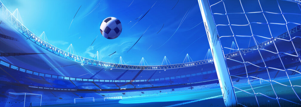A football on a  stadium with flying ball in the net. Blue panorama of soccer game. Sport concept.