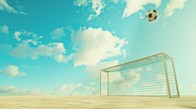 A football  with flying ball in the net. Banner of soccer game concept.