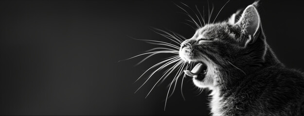 Black and white image of a yawning cat