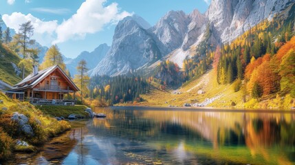 Tranquil cabin by a calm lake surrounded by a forest ablaze with autumn colors, reflecting a serene atmosphere. - obrazy, fototapety, plakaty