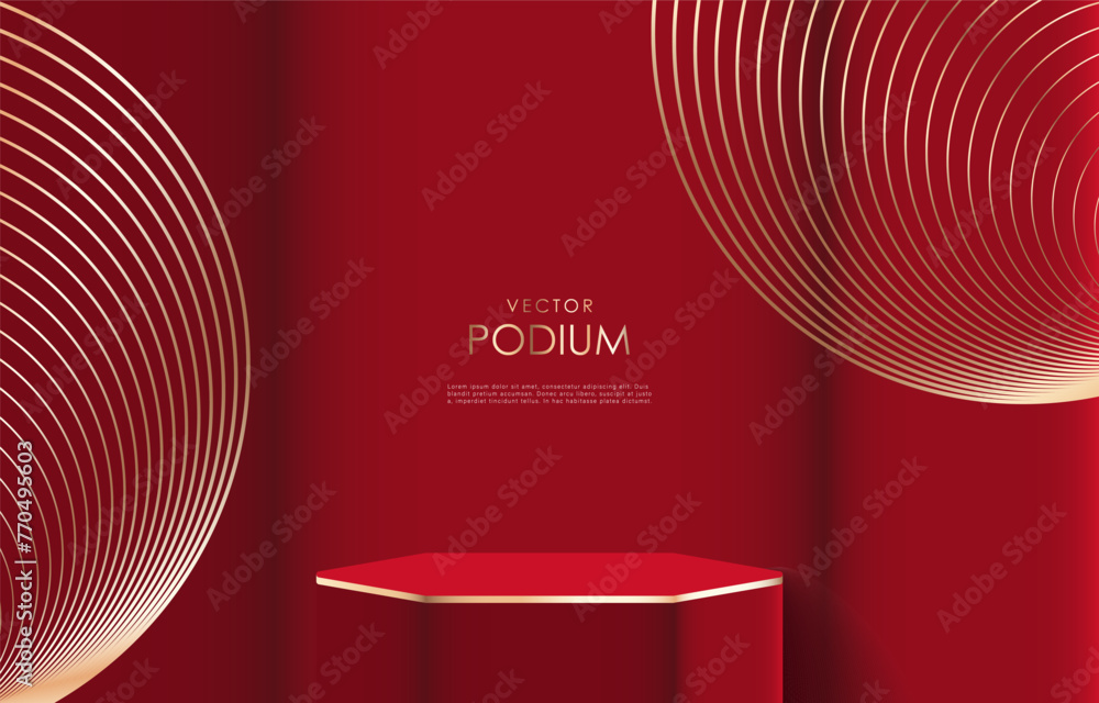 Poster dark red luxury podium vector mockup with golden elements. red hexagonal podium for displaying produ