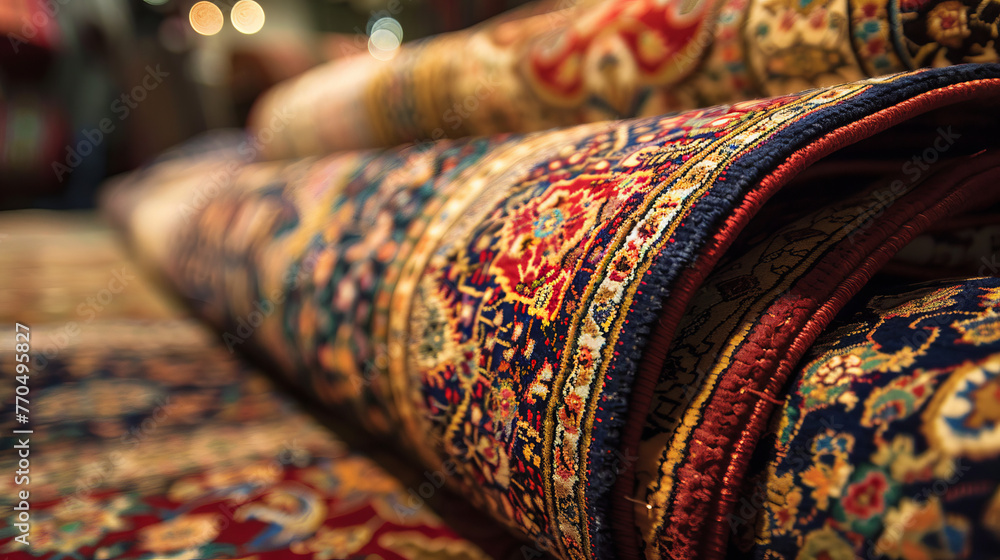 Poster stack of vibrant persian rugs showing the fine texture and rich patterns at edges
