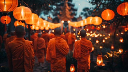 Buddha Purnima celebrations, monks in orange robes, lanterns at night - tranquil lighting, wide angle, spiritual ambiance, - obrazy, fototapety, plakaty