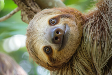 A hilarious close-up of a sleepy sloth with a goofy expression - obrazy, fototapety, plakaty