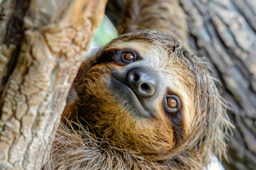 Naklejka premium A hilarious close-up of a sleepy sloth with a goofy expression