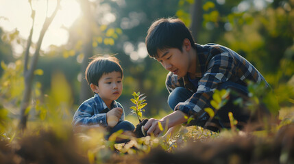 Asian father showing son how to plant a tree. Happy father's day
