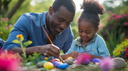 African American father and daughter painting rocks together in the garden. Happy family time