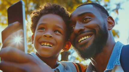 Close-up of African American Father and son capturing a moment with a smartphone selfie.