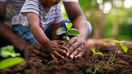 Close-up of African American Father and son hands planting a tree.