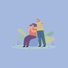 The illustration depicts one individual offering a comforting embrace to another who appears distressed, set against a calming background with foliage.
