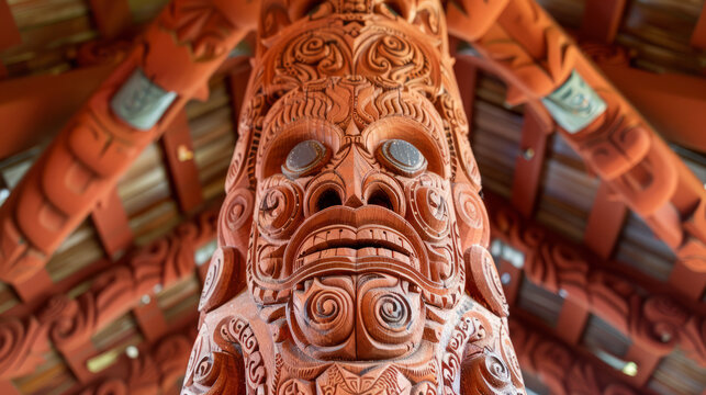 Detailed photograph captures the intricate Maori wood carving, emphasizing the cultural significance and artistic detail