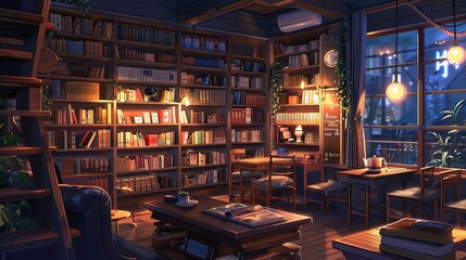 A tranquil book cafe interior, inviting and cozy with its warm lighting, overflowing bookshelves, and comfortable seating, perfect for evening readers. Lofi anime cartoon Cozy Book Cafe with Warm Eve
