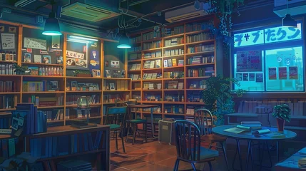 Fotobehang An inviting digital illustration of a cozy nighttime bookstore, bathed in the warm glow of neon lights and lined with bookshelves. lofi anime cartoon Cozy Bookstore Interior at Night with Neon Sign   © M