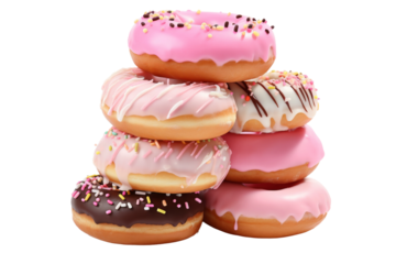 Stack of Donuts With Pink Frosting and Sprinkles. On a White or Clear Surface PNG Transparent Background.