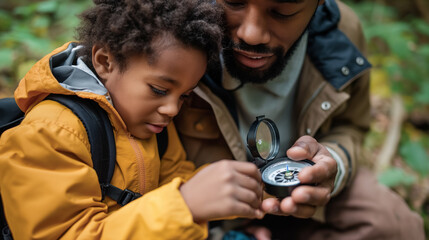 African American Father showing son how to use a compass in forest. Happy Father's day