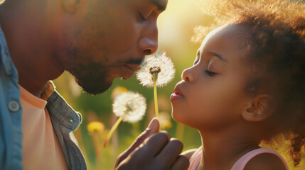 African American father showing his daughter how to blow a dandelion, gentle moment of care, park background. Happy Father's day
