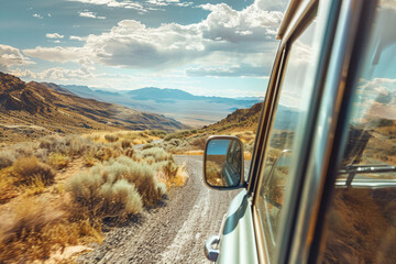 Family road trip, diverse landscapes through car window - adventurous, bonding, panoramic views,