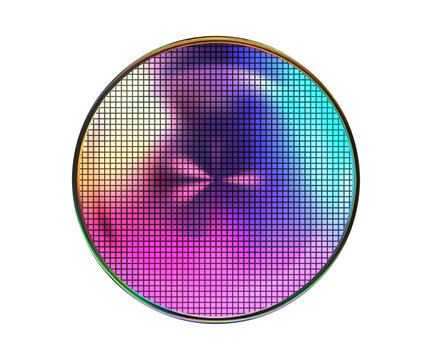 Bright rainbow silicon wafer with microchip cells on white. Microelectronic polycrystalline integrated circuits for computer chips. Vector illustration with gradient mesh
