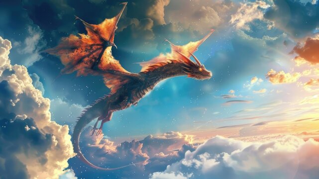 Big stunning red dragon fly high above the clouds. Mystical magical creature from fairy tale. Sky background. Monster from legends and myths. Mystery wild animal from old medieval times.  Wyvern