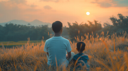Quiet moment of father and son watching the sunrise. New beginning. Happy Father's day