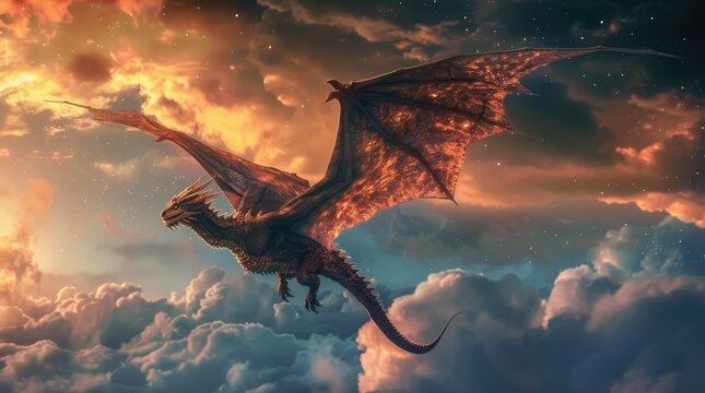 Big stunning red dragon fly high above the clouds. Mystical magical creature from fairy tale. Sky background. Monster from legends and myths. Mystery wild animal from old medieval times. Wyvern