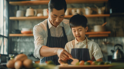 Son helping Asian father in the kitchen, family time. Happy Father's day