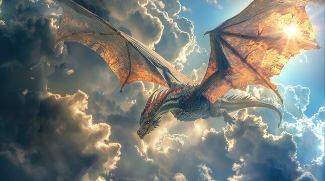 Big stunning white dragon fly high above the clouds. Mystical magical creature from fairy tale. Sky background. Monster from legends and myths. Mystery wild animal from old medieval times. Wyvern