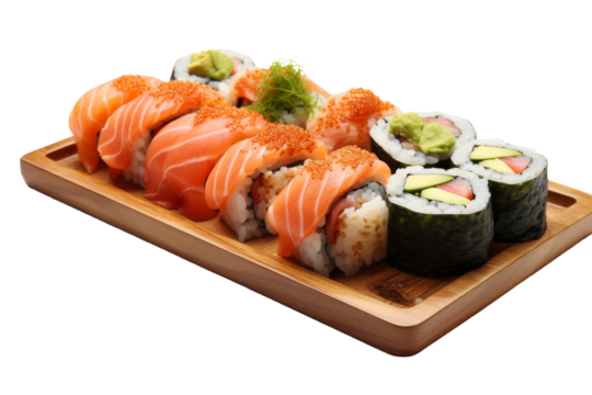 Wooden Tray With Sushi. On a White or Clear Surface PNG Transparent Background. - Powered by Adobe