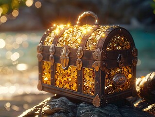 Golden treasure chest, sun-drenched beach, pirates hideout, gleaming jewels, sparkling coins