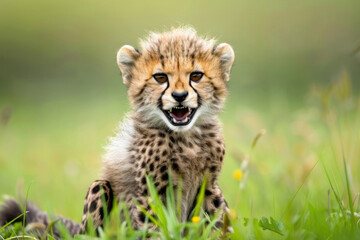 A hilarious close-up of a playful cheetah cub with a mischievous grin - obrazy, fototapety, plakaty