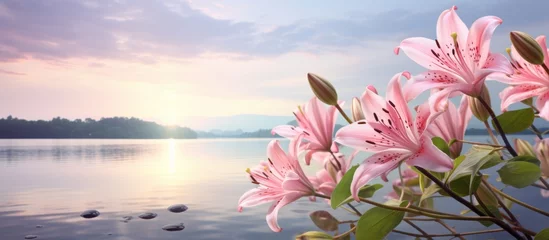 Poster A vibrant cluster of pink flowers blooms alongside the tranquil waters of a lake, under a clear blue sky, creating a picturesque natural landscape © AkuAku