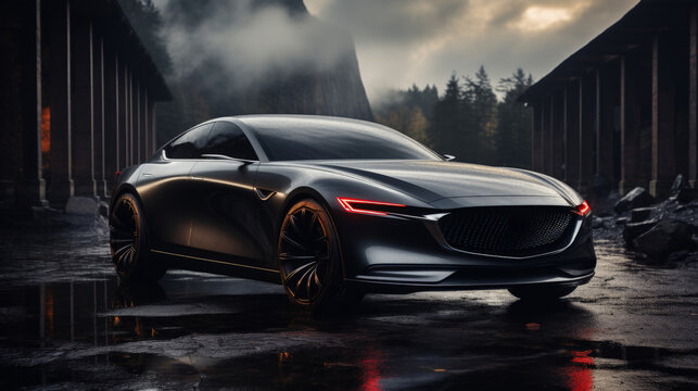 Futuristic black sport car on road.