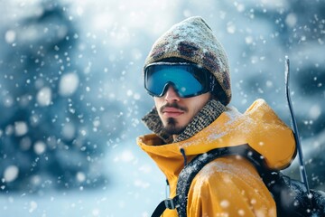 Snowy Adventure - Young Snowboarder Braving the Blizzard - obrazy, fototapety, plakaty