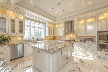 Closeup of luxury large modern white marble kitchen united with dining room.
