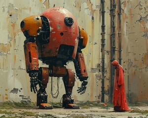 Embrace the surreal symbolism of robots as harbingers of change facing off against the guardians of tradition, clean sharp - obrazy, fototapety, plakaty